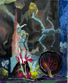 Still Life with Artist Mannequin Blue Figures Bowl and Floral Elements Modernist