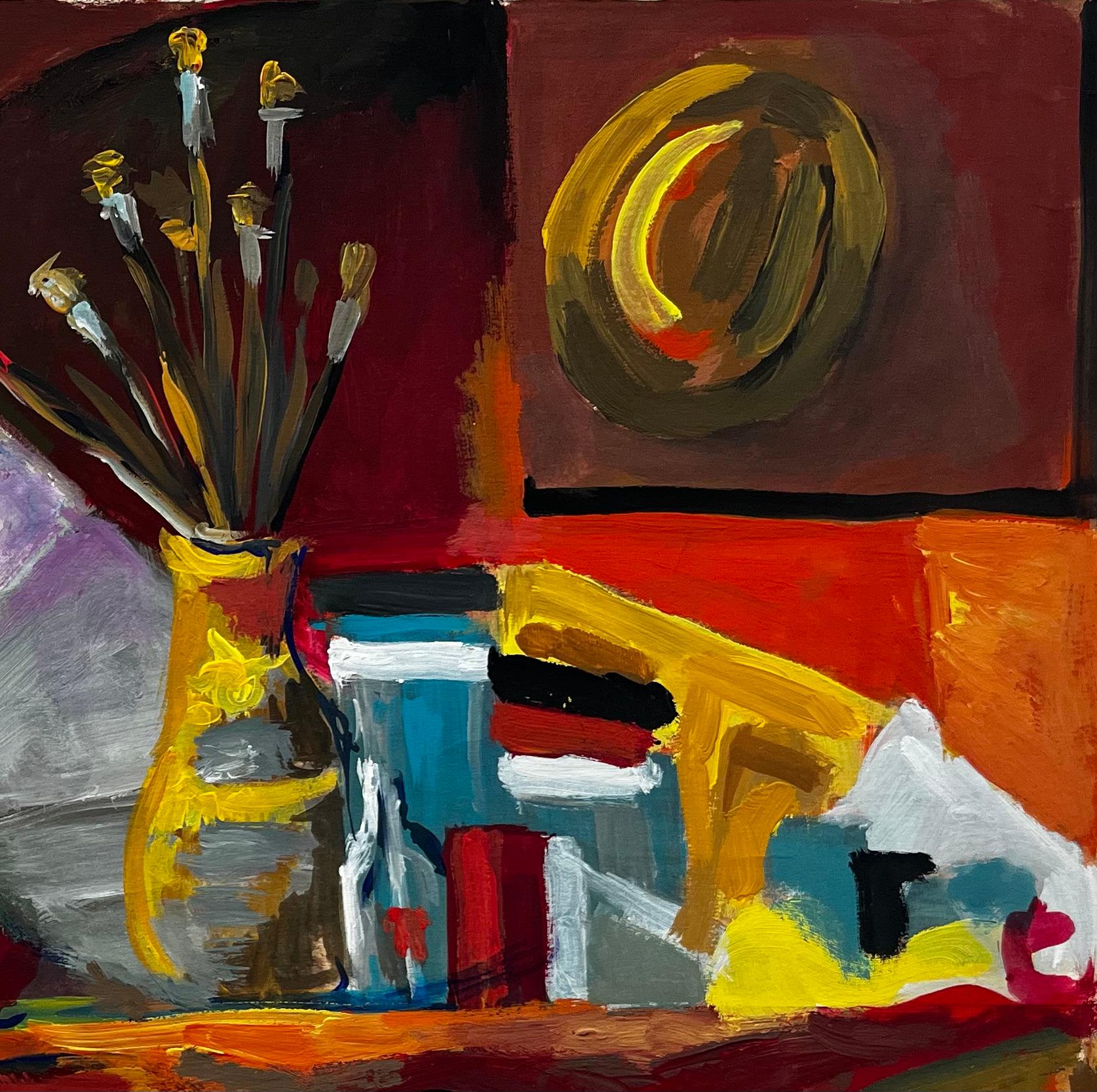 Stilleben mit Künstlerwerkbank Gelbe Vase und Hut an der Wand Französischer Modernist (Moderne), Painting, von Guy Nicod