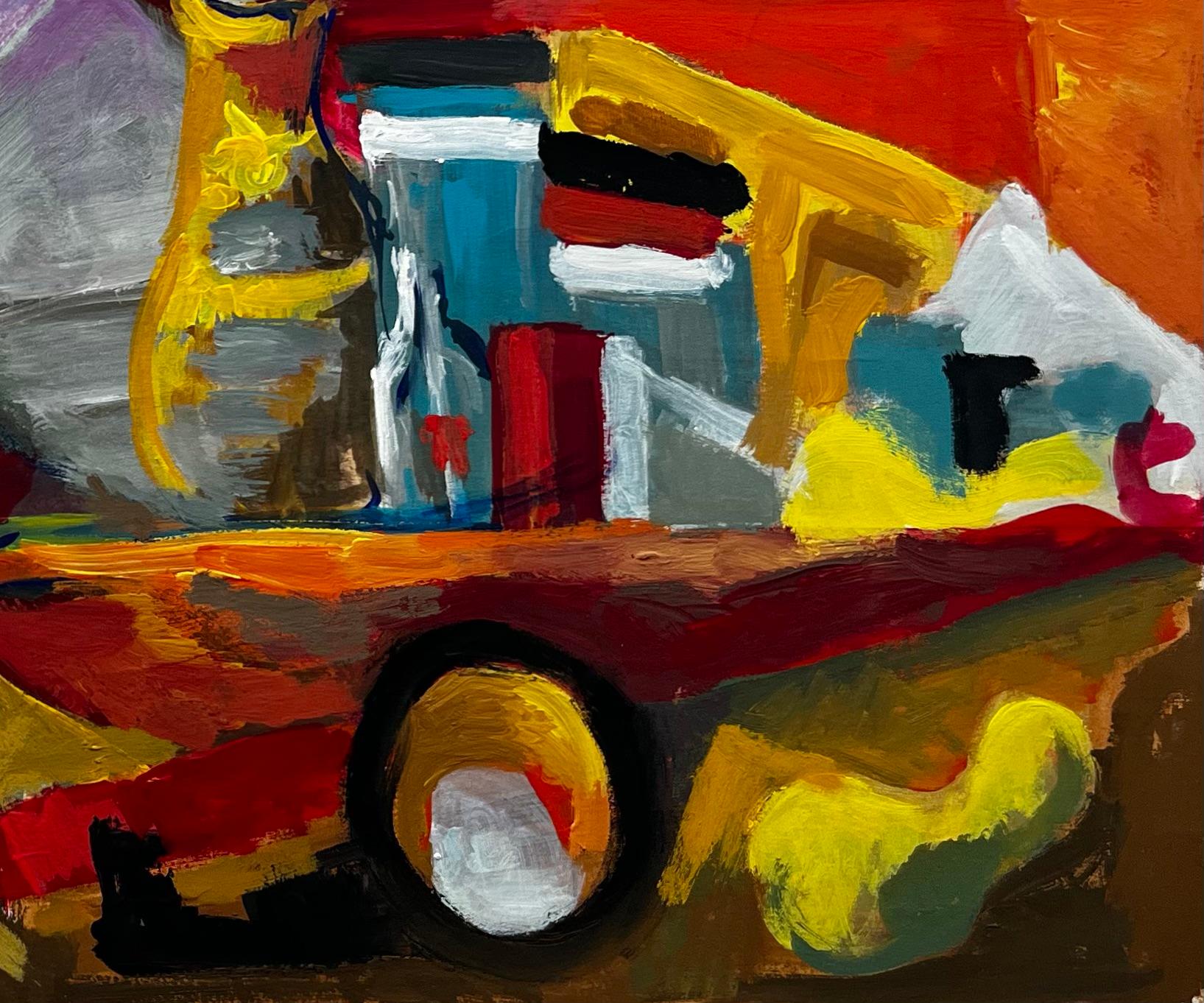 Stilleben mit Künstlerwerkbank Gelbe Vase und Hut an der Wand Französischer Modernist (Schwarz), Abstract Painting, von Guy Nicod