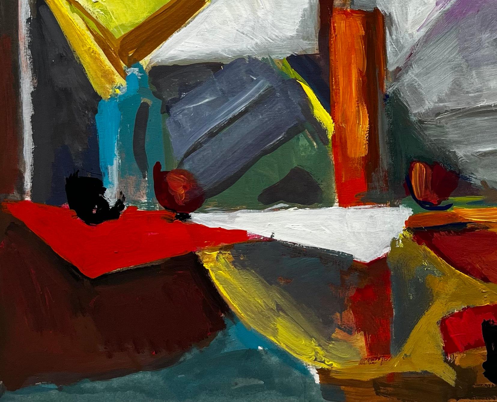 Titel: Stilleben mit Künstlerwerkbank Gelbe Vase und Hut an der Wand Französische Moderne
Guy Nicod (Französisch 1923 - 2021) 
Gouache auf Künstlerpapier, ungerahmt
Größe: 15,75 x 22,5 Zoll (Höhe x Breite)
Provenienz: Künstlernachlass,