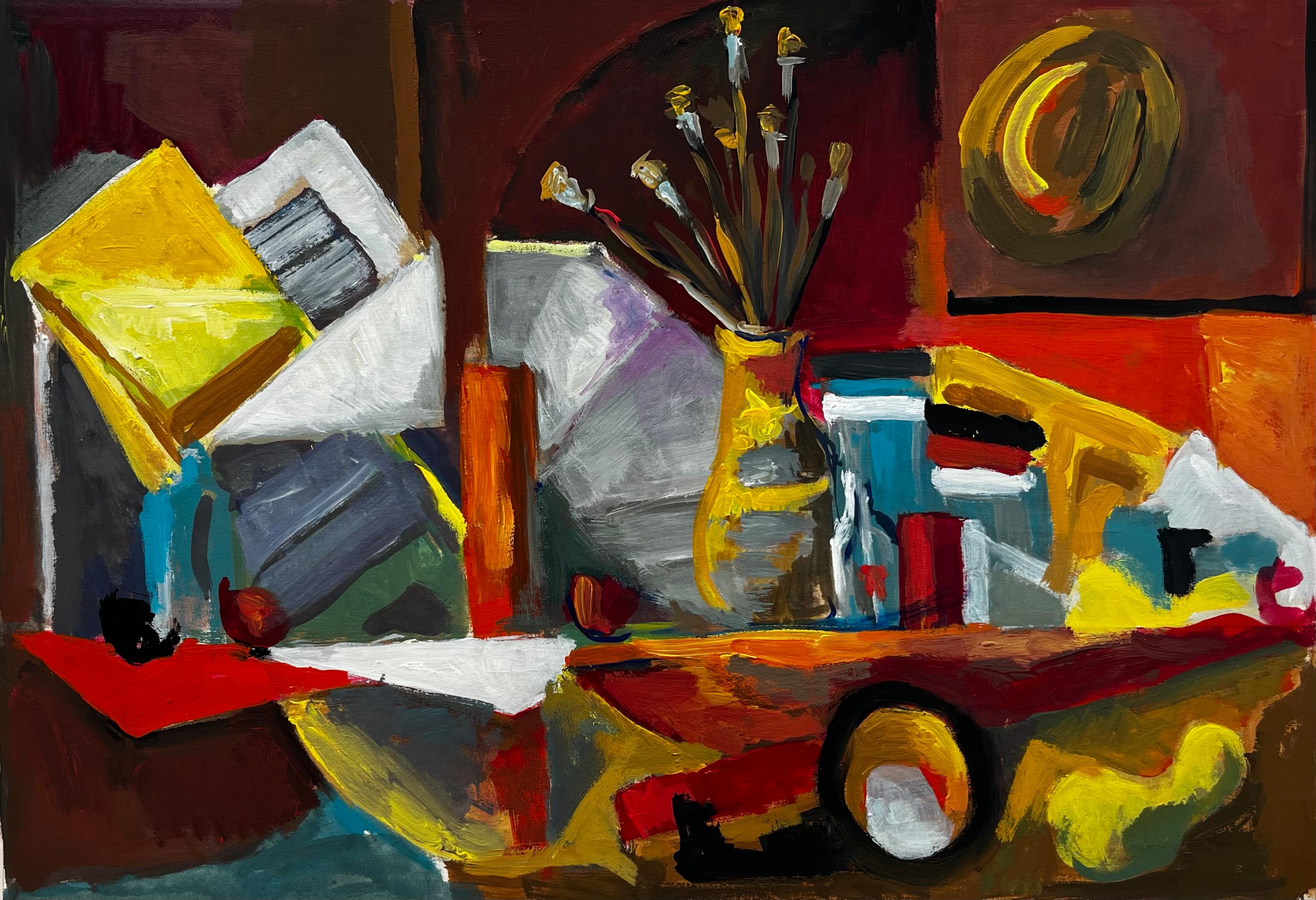 Still Life with Artist Workbench Yellow Vase and Hat on Wall French Modernist
