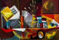 Still Life with Artist Workbench Yellow Vase and Hat on Wall French Modernist