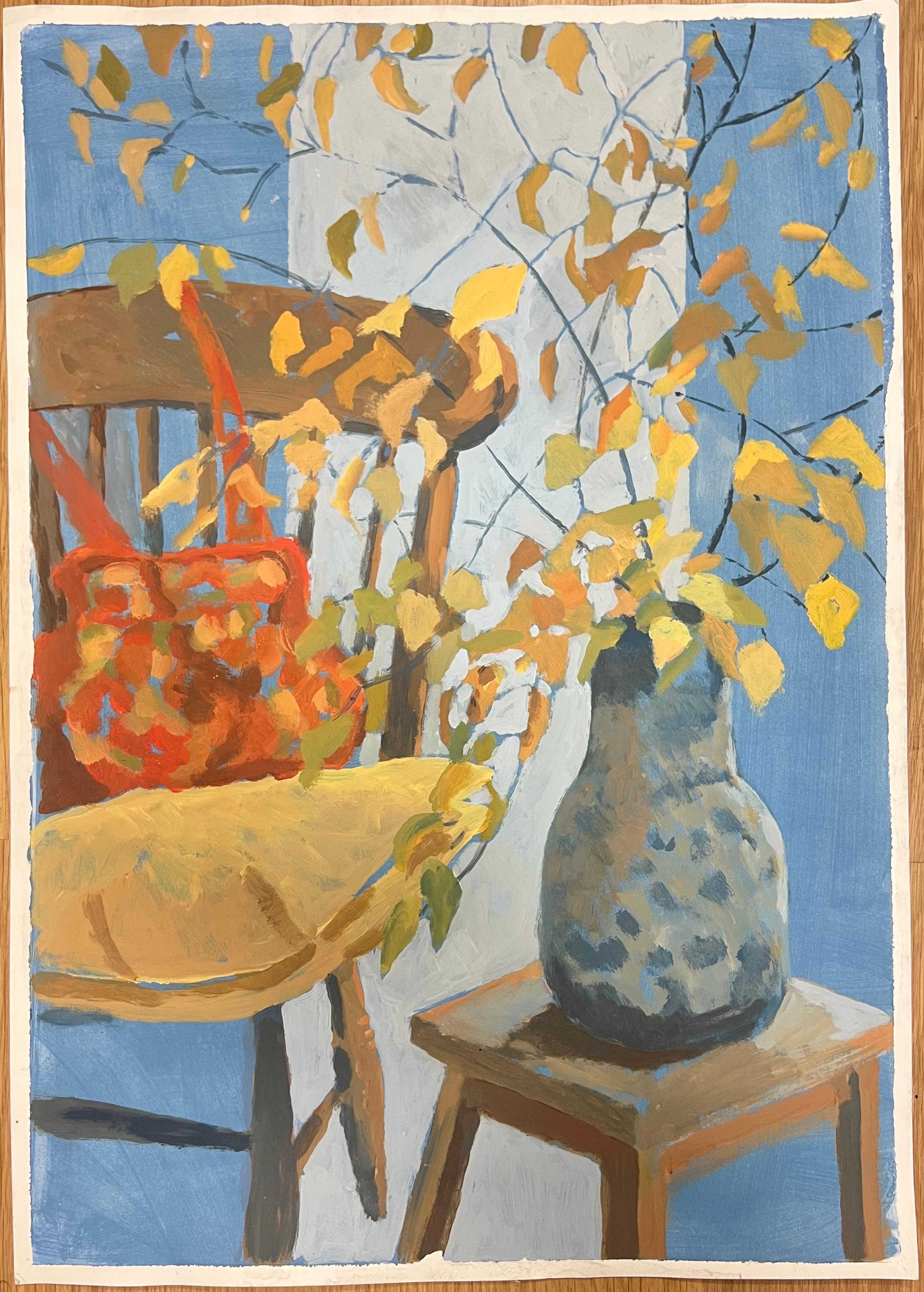 Still Life with Autumn Leaves , Chair and Decorative Pot French Oil - Painting by Guy Nicod