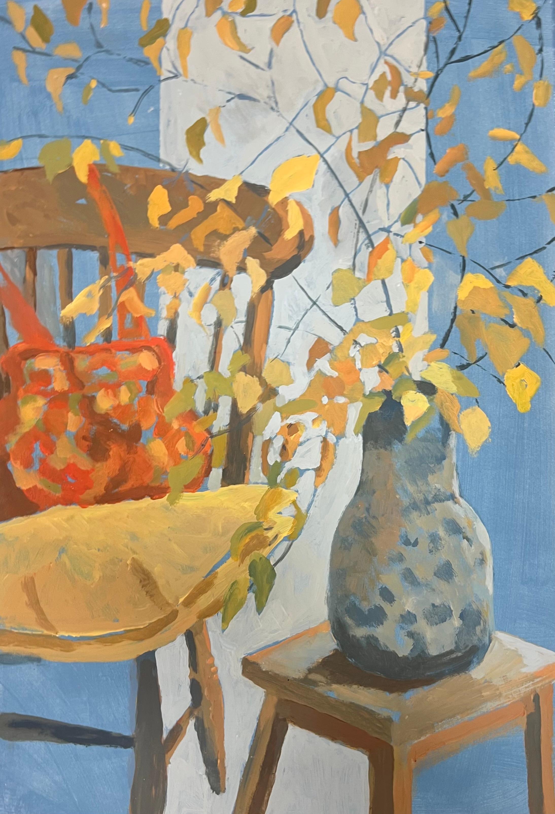 Still Life with Autumn Leaves , Chair and Decorative Pot French Oil - Post-Impressionist Painting by Guy Nicod