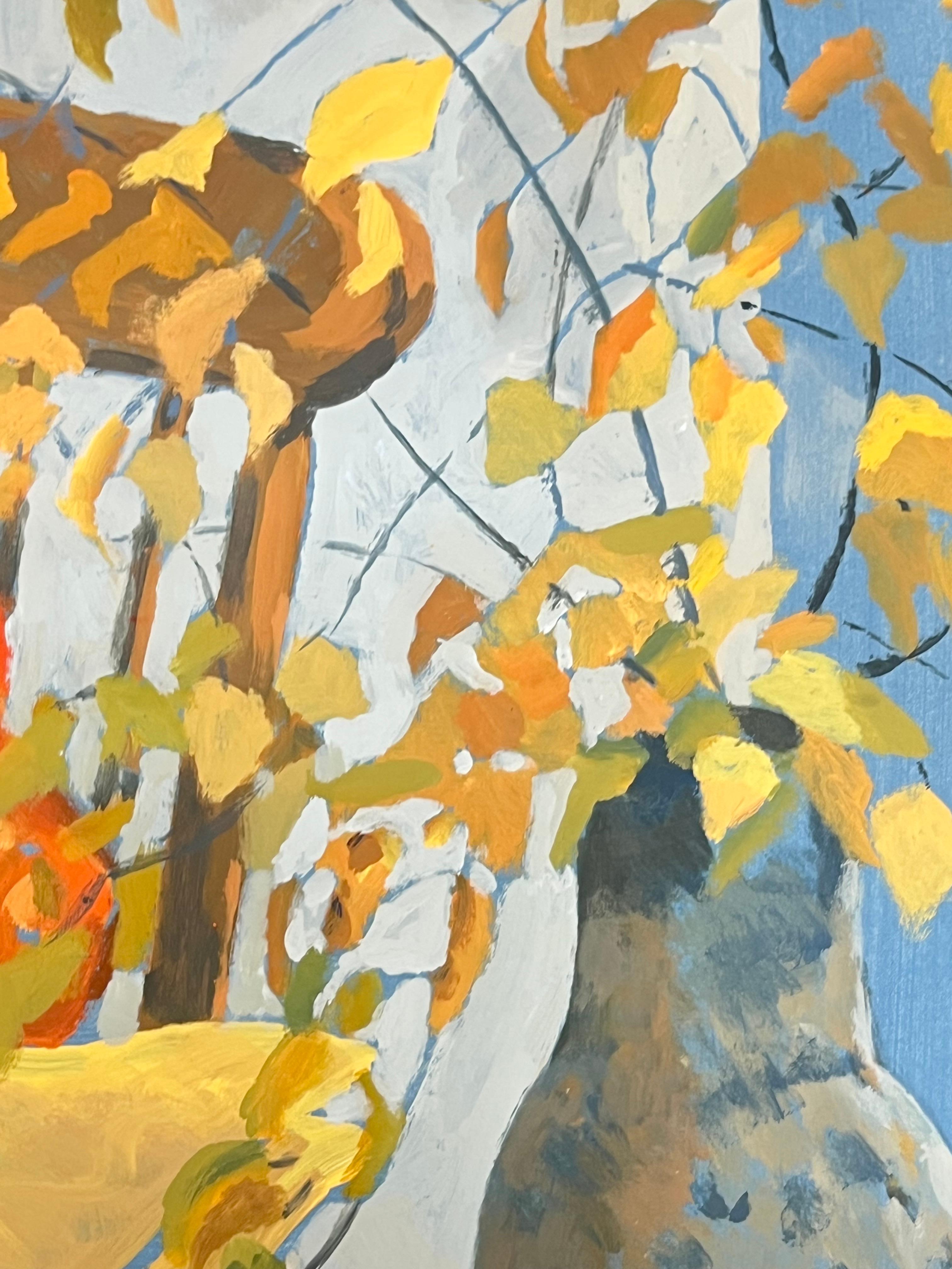 Still Life with Autumn Leaves , Chair and Decorative Pot French Oil - Brown Figurative Painting by Guy Nicod
