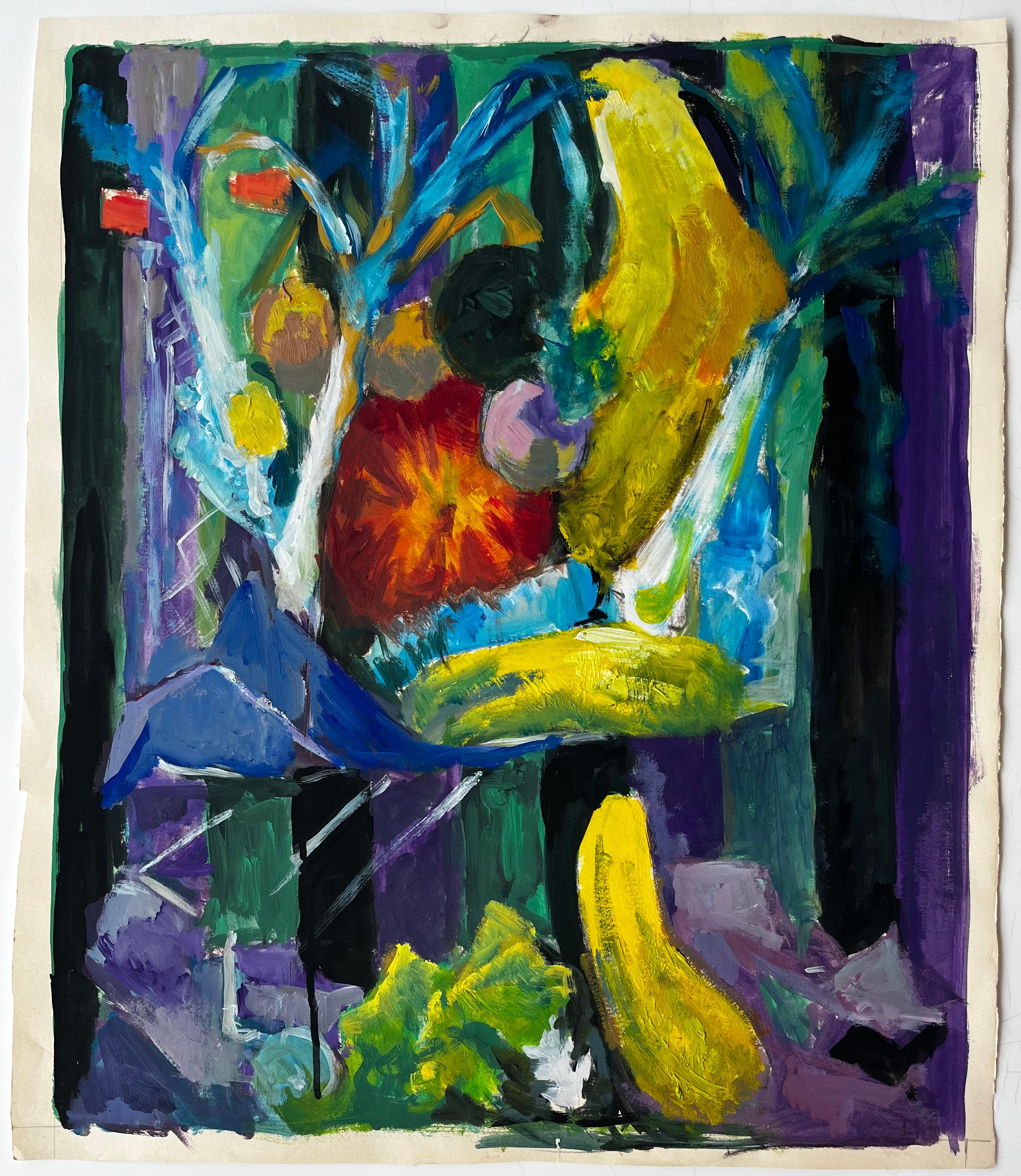 Stilleben mit Bananen, Lauch und Kürbis Französische Gouache der Moderne – Painting von Guy Nicod