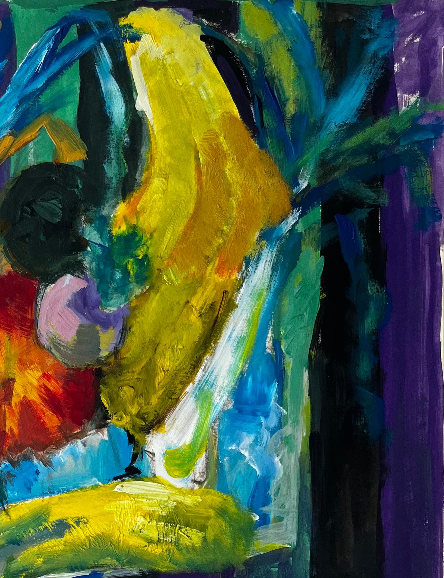 Titel: Stilleben mit Bananen, Lauch und Kürbis Französische Gouache der Moderne
Guy Nicod (Französisch 1923 - 2021) 
Gouache auf Künstlerpapier, ungerahmt
Größe: 23 x 19,25 Zoll (Höhe x Breite)
Provenienz: Künstlernachlass, Frankreich
Zustand: