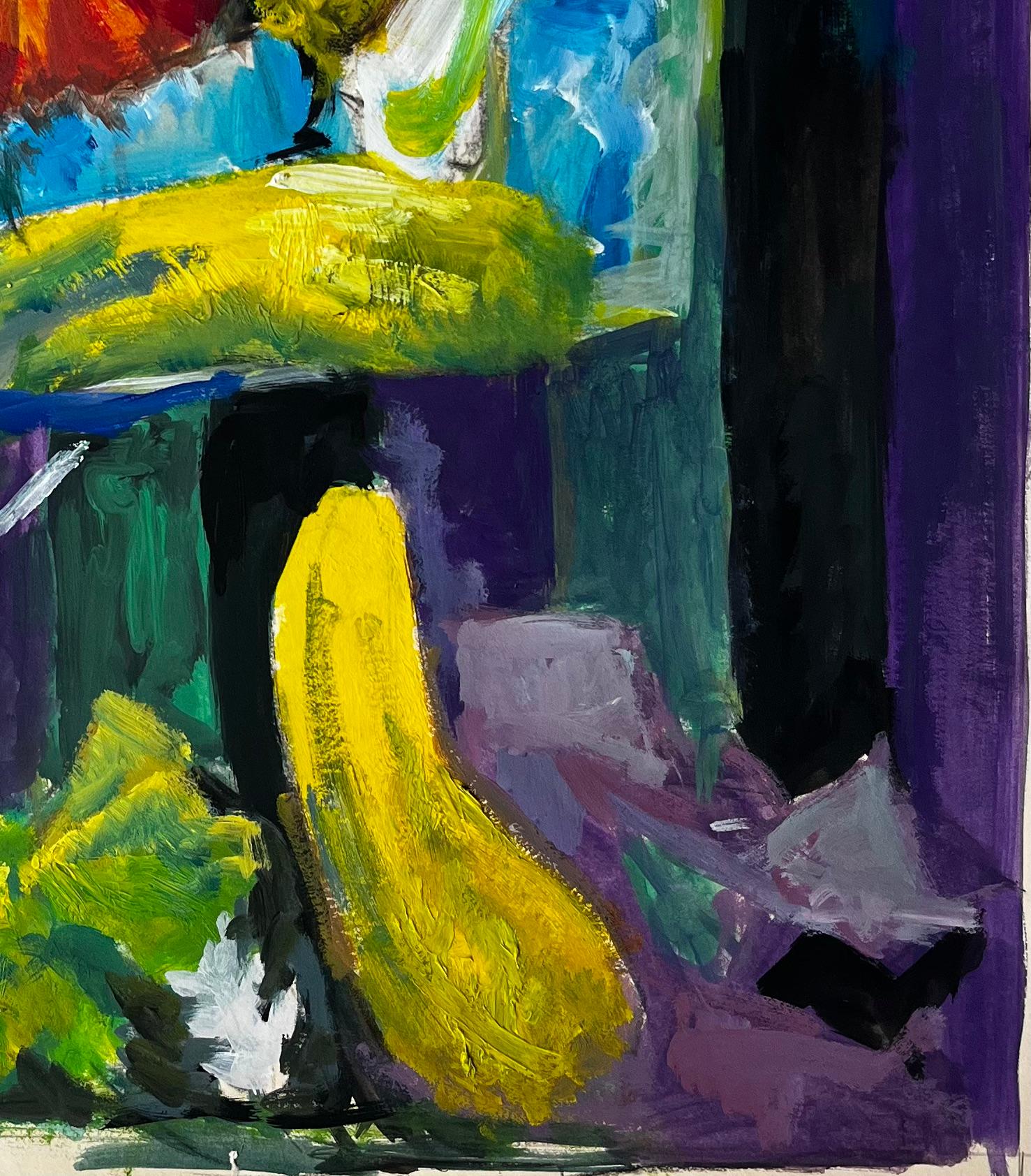Stilleben mit Bananen, Lauch und Kürbis Französische Gouache der Moderne im Angebot 1