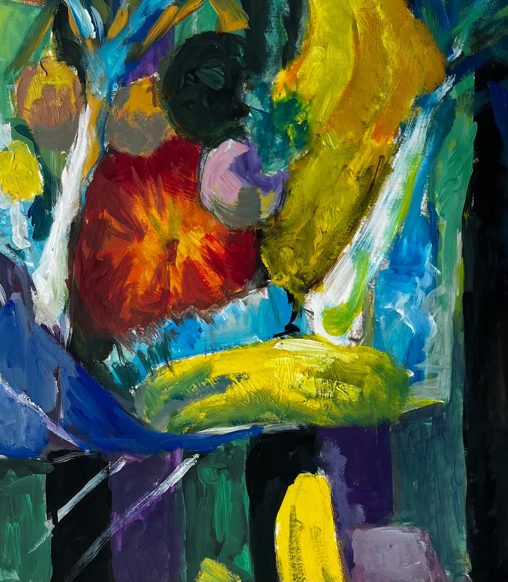 Stilleben mit Bananen, Lauch und Kürbis Französische Gouache der Moderne im Angebot 3