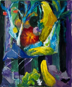 Still Life with Bananas Leeks and Pumpkin French Modernist Gouache