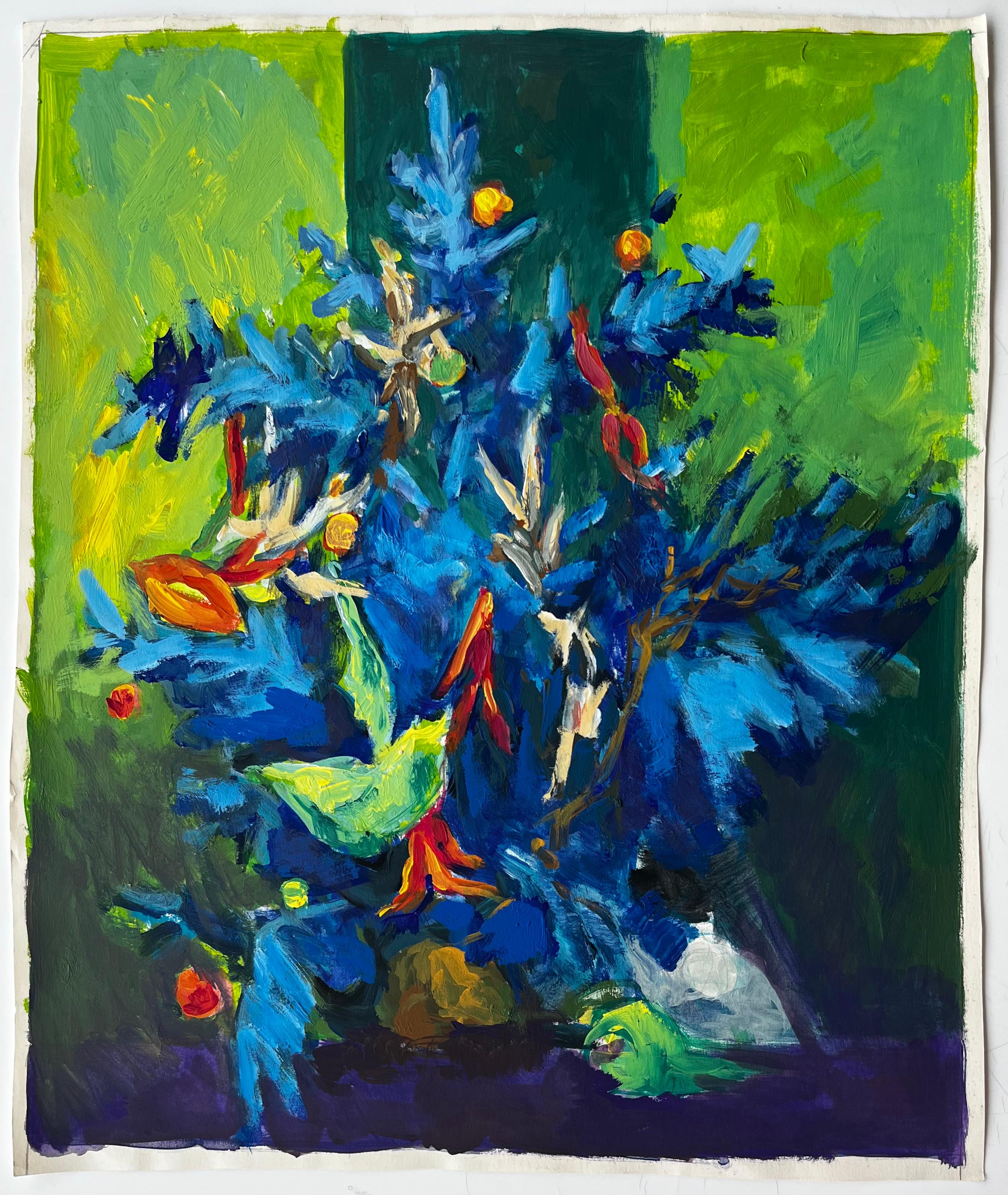 Stilleben mit blauem und grünem Laub Französische Gouache der Moderne – Painting von Guy Nicod