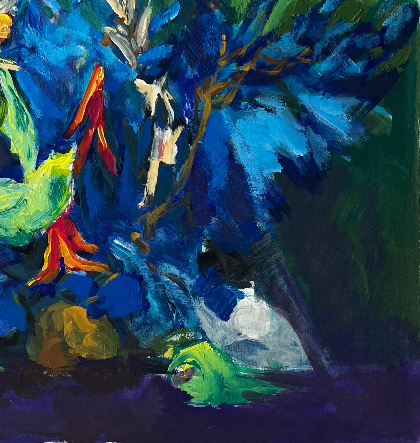 Stilleben mit blauem und grünem Laub Französische Gouache der Moderne (Blau), Abstract Painting, von Guy Nicod