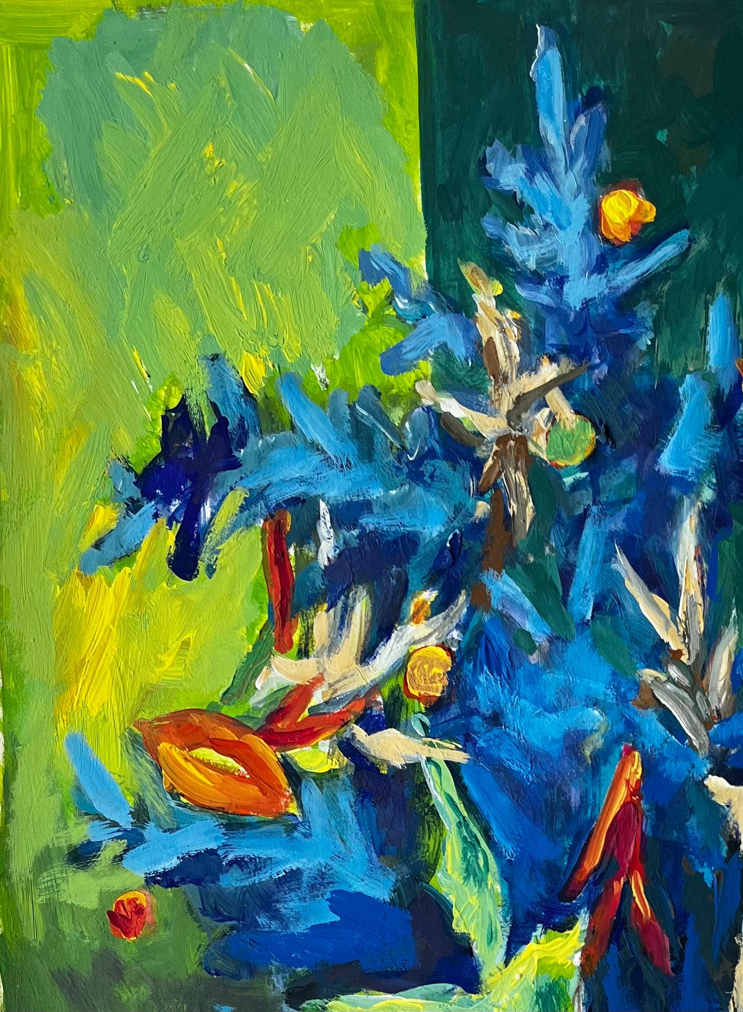 Stilleben mit blauem und grünem Laub Französische Gouache der Moderne im Angebot 1