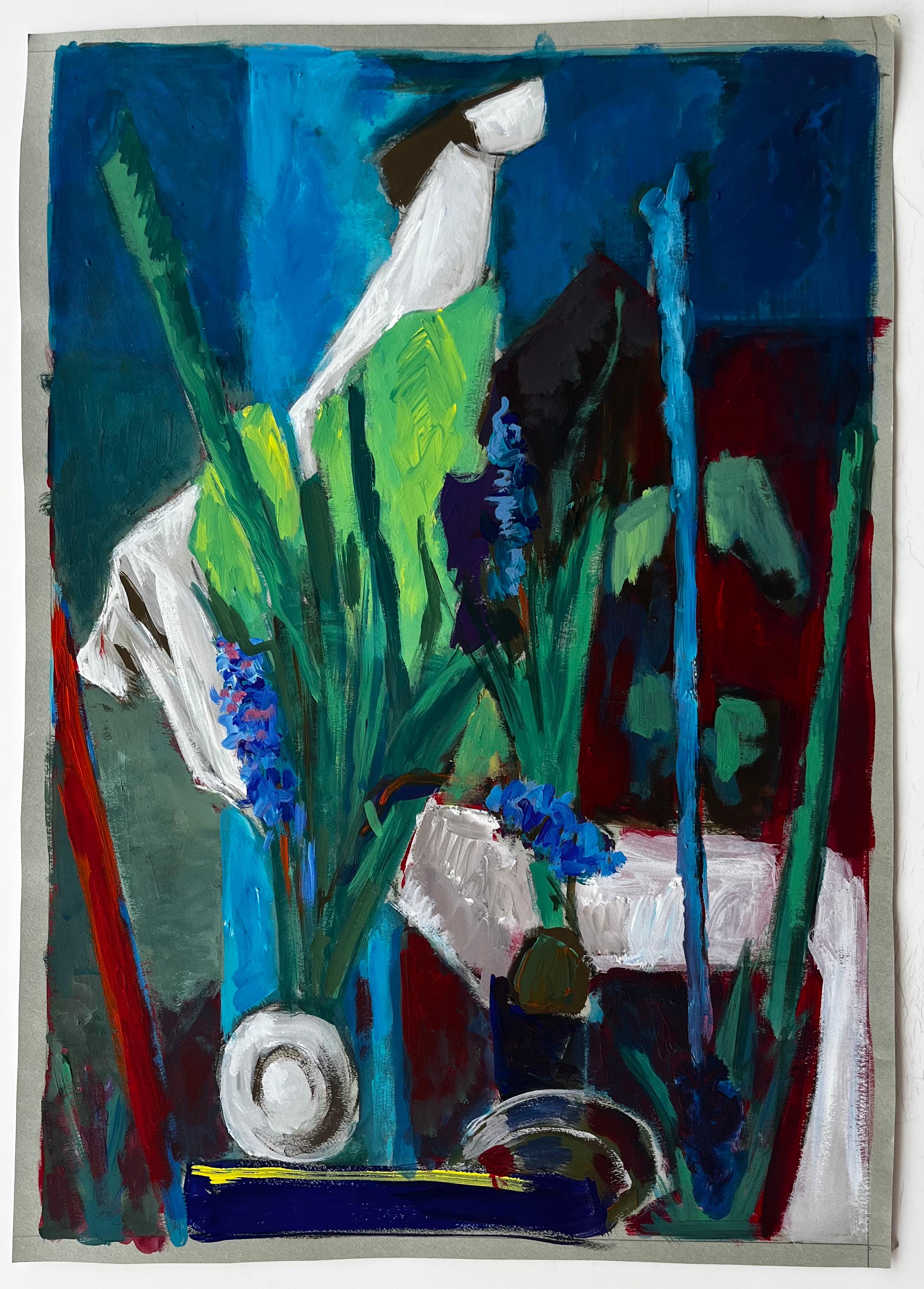 Nature morte aux fleurs bleues et aux draperies vertes Peinture moderne française à la gouache - Painting de Guy Nicod