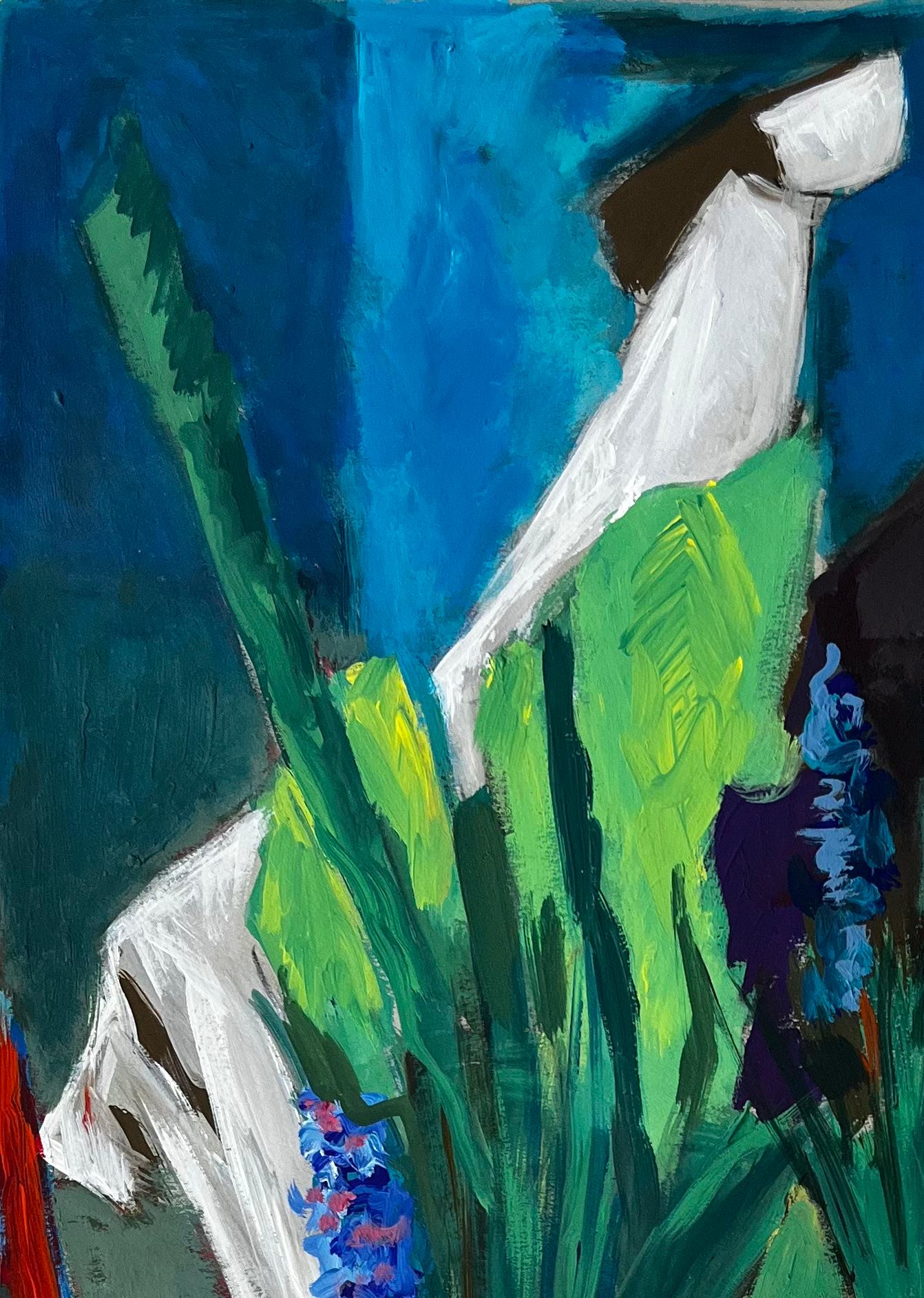 Titre : Nature morte aux fleurs bleues et aux draperies vertes Peinture à la gouache moderne française
Guy Nicod (français 1923 - 2021) 
Gouache sur papier d'artiste, non encadrée
Taille : 22.5 x 19 pouces (hauteur x largeur)
Provenance : Succession