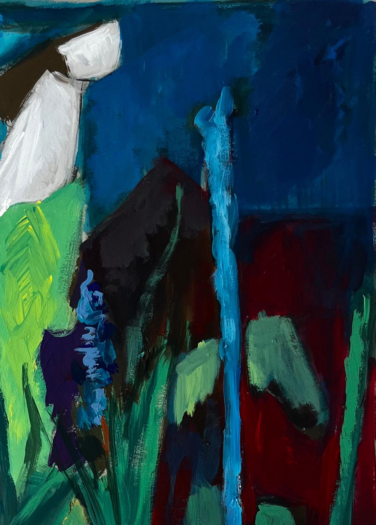 Nature morte aux fleurs bleues et aux draperies vertes Peinture moderne française à la gouache en vente 1