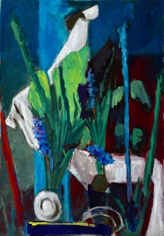 Still Life With Blue Flowers and Green Drapery French Modern Gouache Painting
