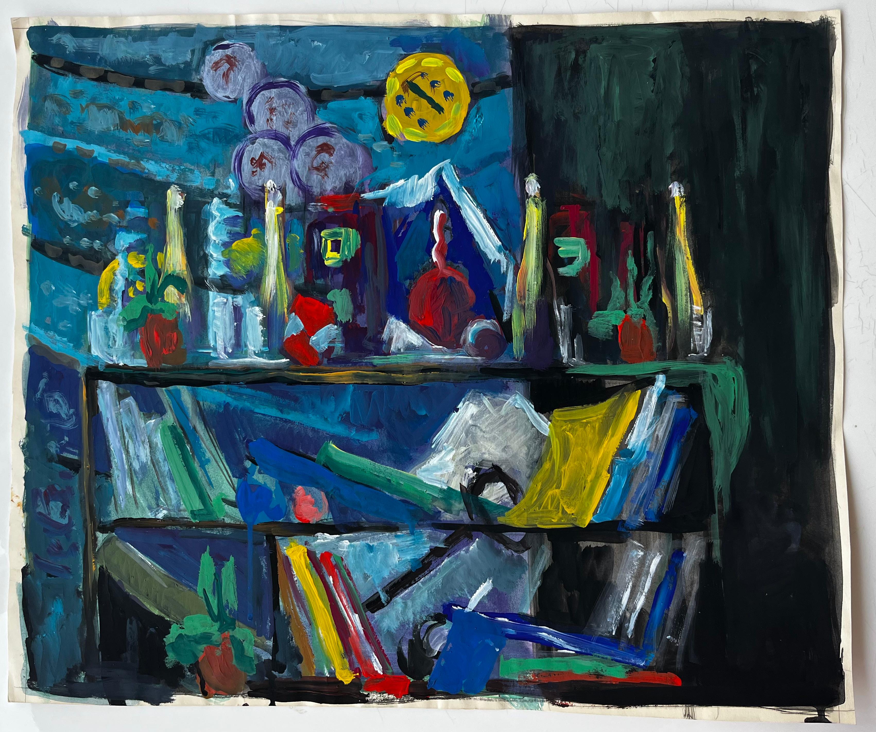Nature morte avec bouteilles de livres et tissu jaune Gouache moderniste française - Painting de Guy Nicod