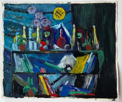 Still Life with Books Bottles and Yellow Cloth French Modernist Gouache
