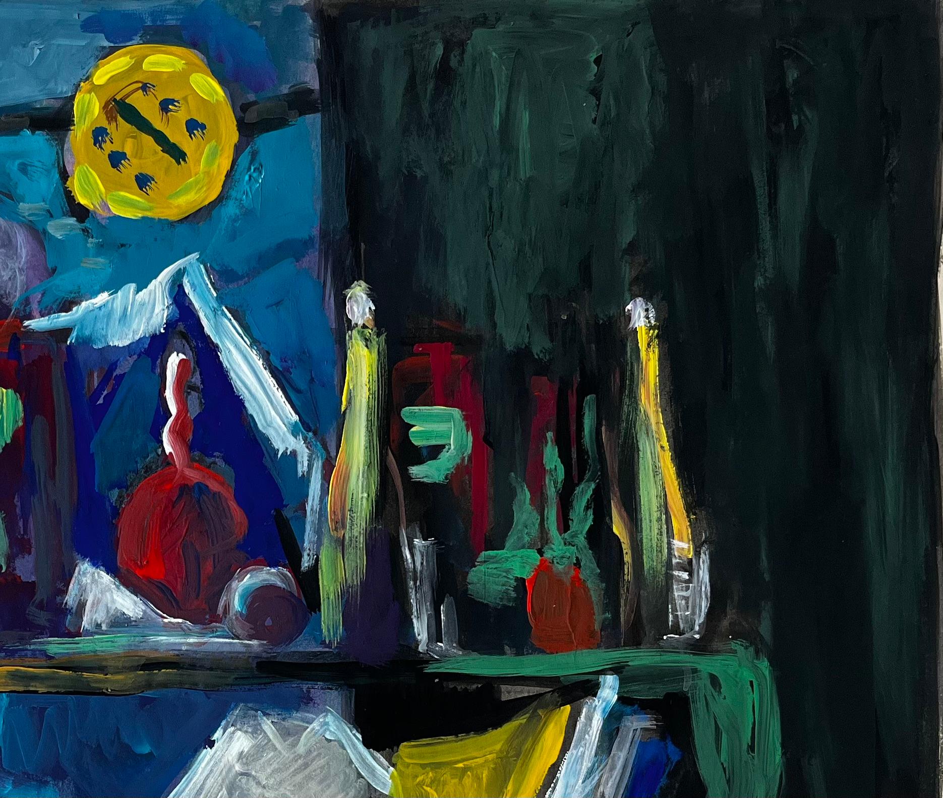 Nature morte avec bouteilles de livres et tissu jaune Gouache moderniste française - Moderne Painting par Guy Nicod