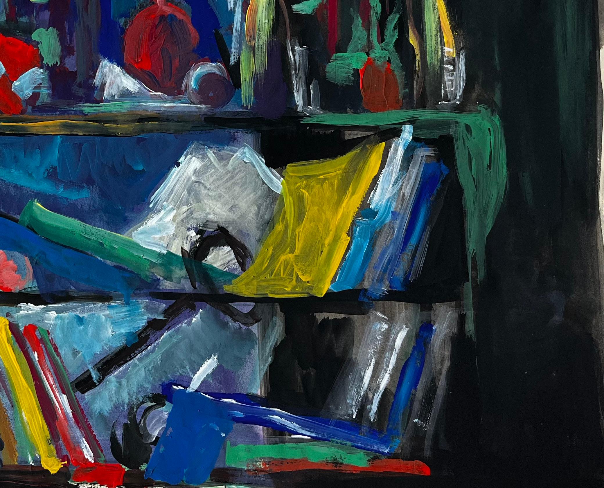 Nature morte avec bouteilles de livres et tissu jaune Gouache moderniste française - Bleu Still-Life Painting par Guy Nicod
