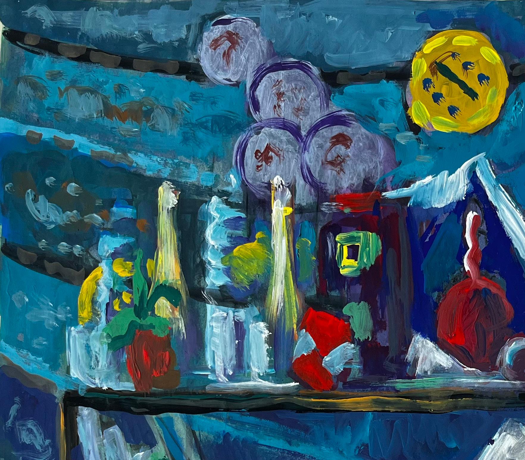 Titre : Nature morte avec bouteilles de livres et tissu jaune Gouache moderniste française
Guy Nicod (français 1923 - 2021) 
Gouache sur papier d'artiste, non encadrée
Taille : 18.75 x 22.5 pouces (hauteur x largeur)
Provenance : Succession
