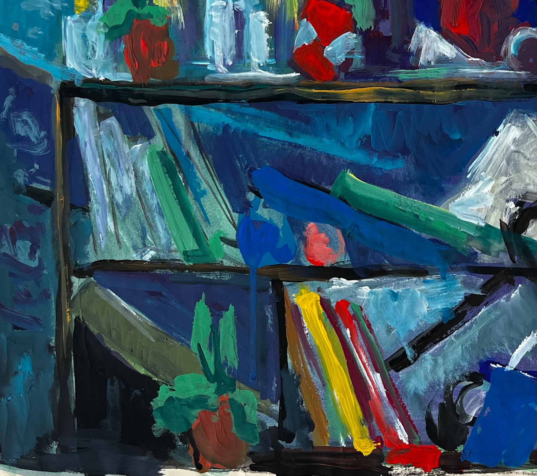 Nature morte avec bouteilles de livres et tissu jaune Gouache moderniste française en vente 1