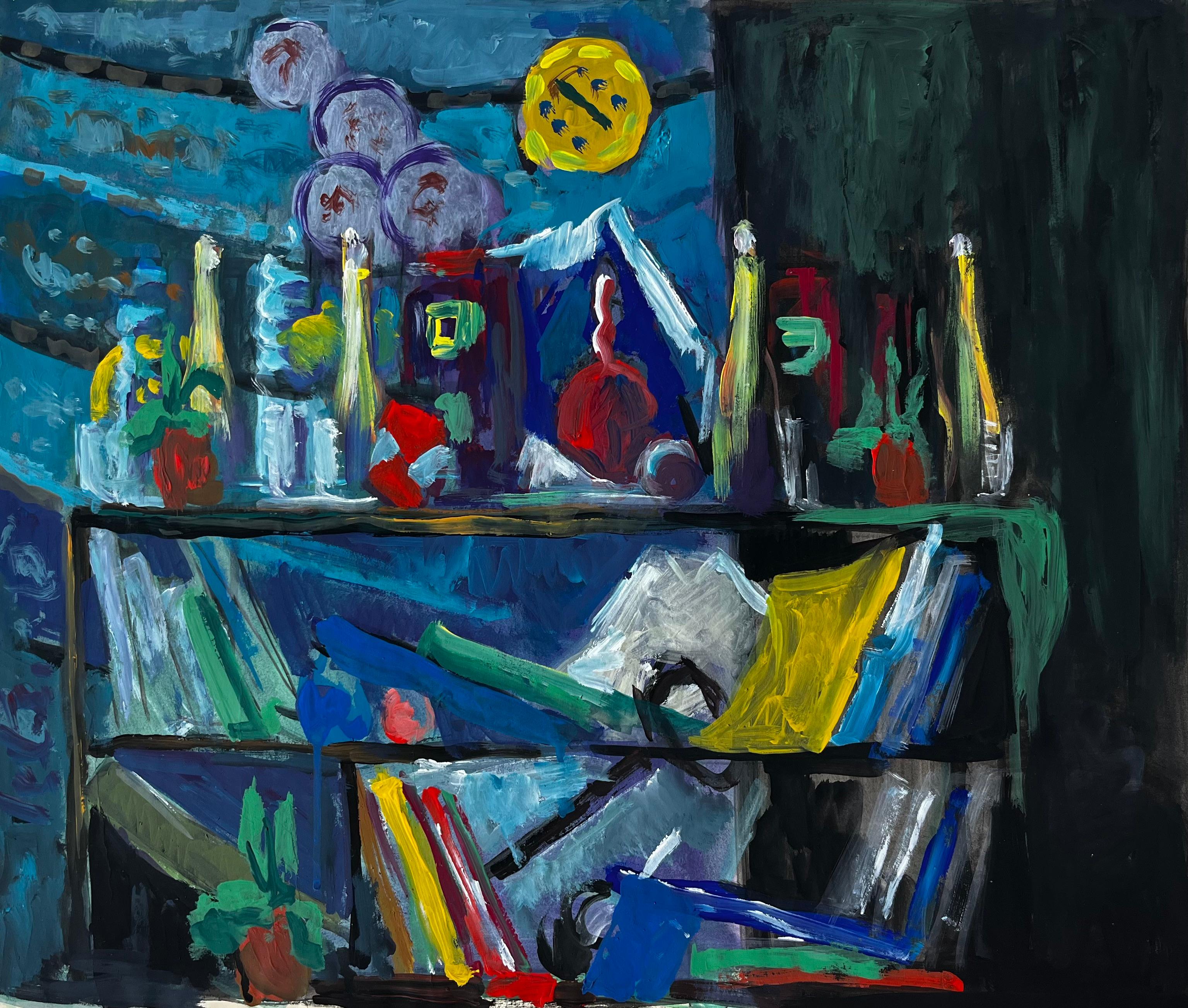 Nature morte avec bouteilles de livres et tissu jaune Gouache moderniste française