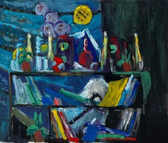 Still Life with Books Bottles and Yellow Cloth French Modernist Gouache