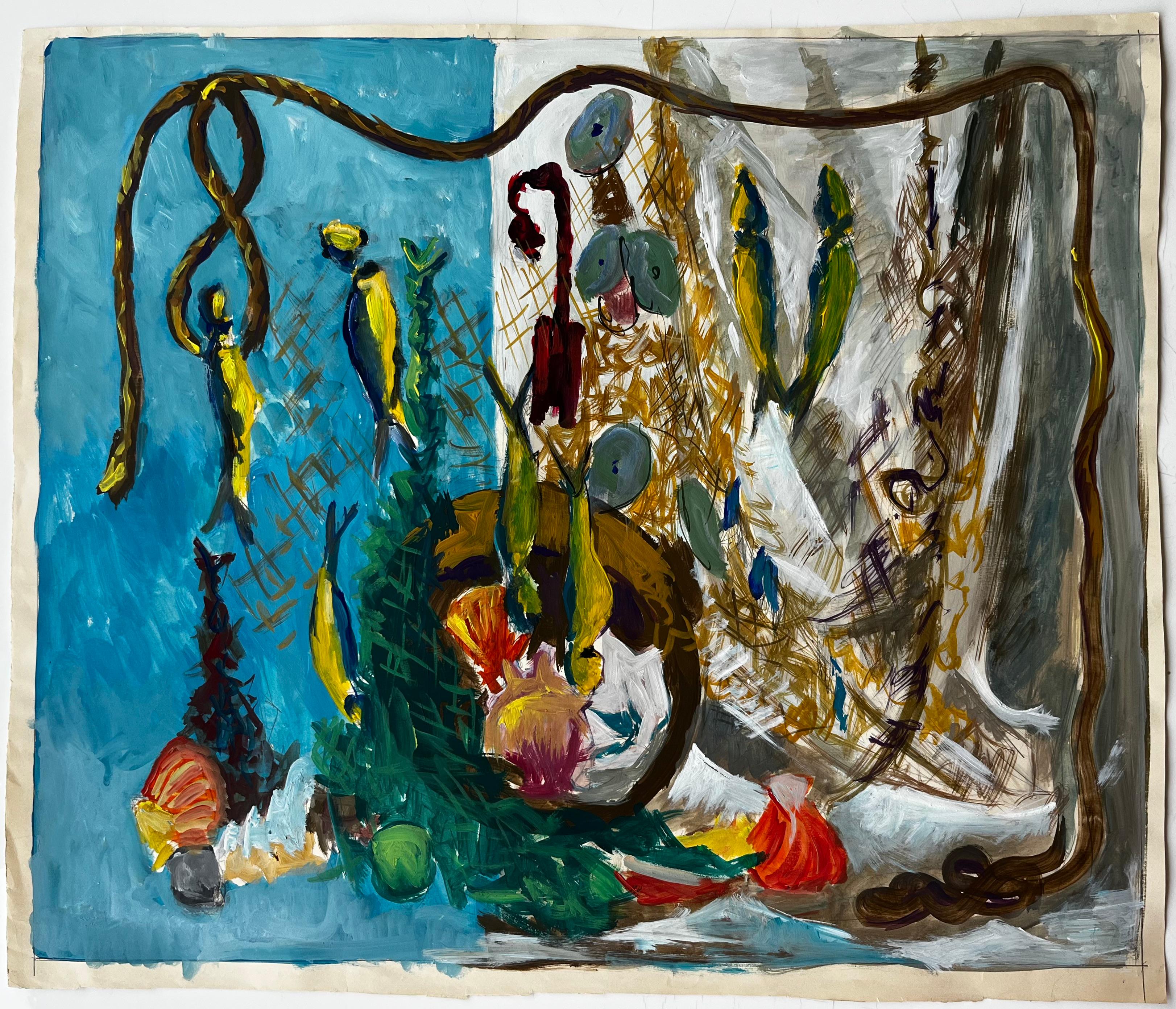 Still Life with Fish Shells and Fishing Net French Modernist Gouache - Painting by Guy Nicod