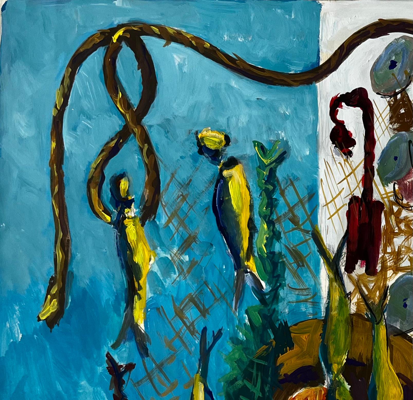 Still Life with Fish Shells and Fishing Net French Modernist Gouache - Blue Abstract Painting by Guy Nicod