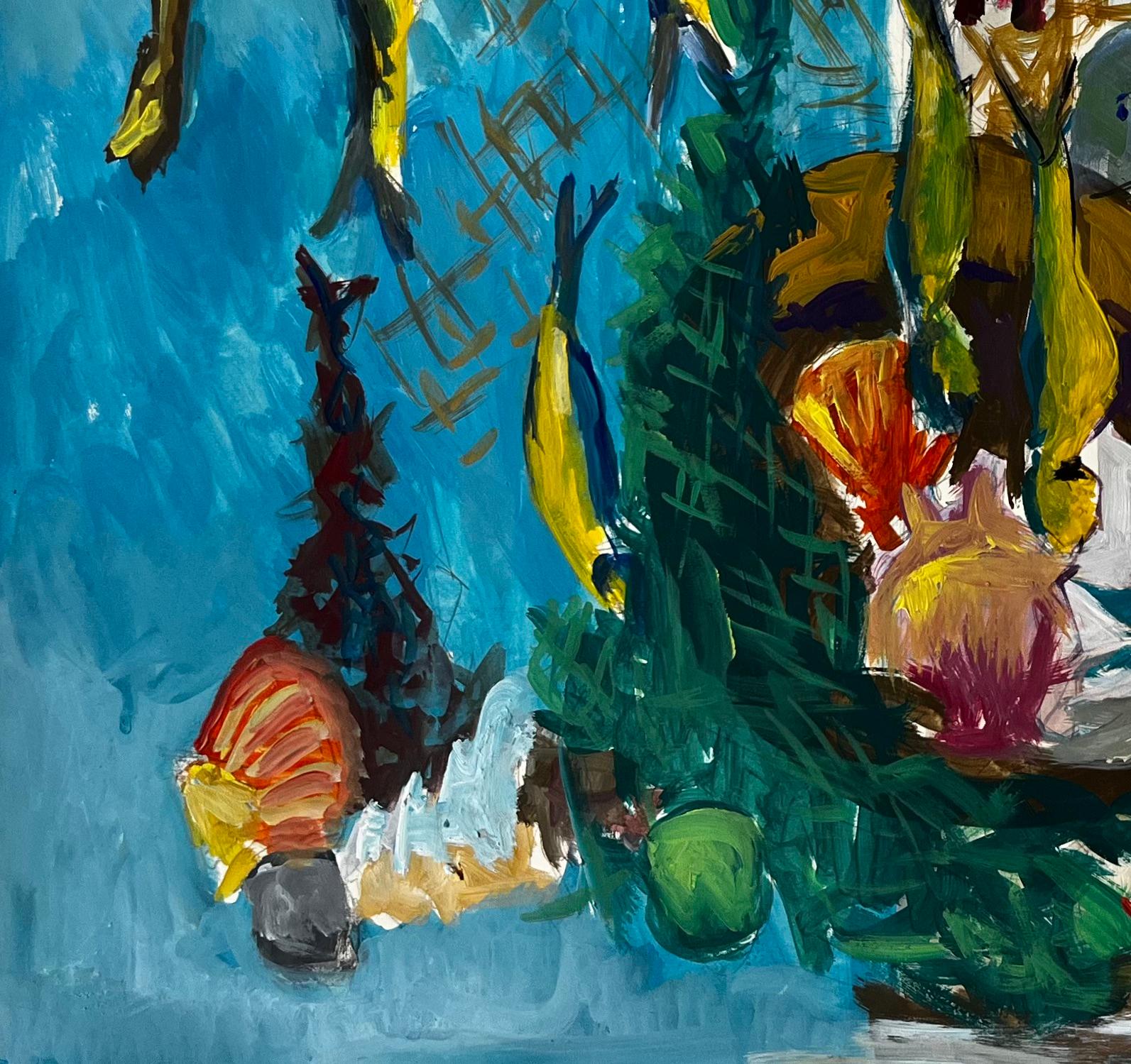 Title: Still Life with Fish Shells and Fishing Net French Modernist Gouache
Guy Nicod (French 1923 - 2021) 
Gouache on artist paper, unframed
Size: 19.25 x 22.25 inches (height x width)
Provenance: Artists estate, France
Condition: Good overall with