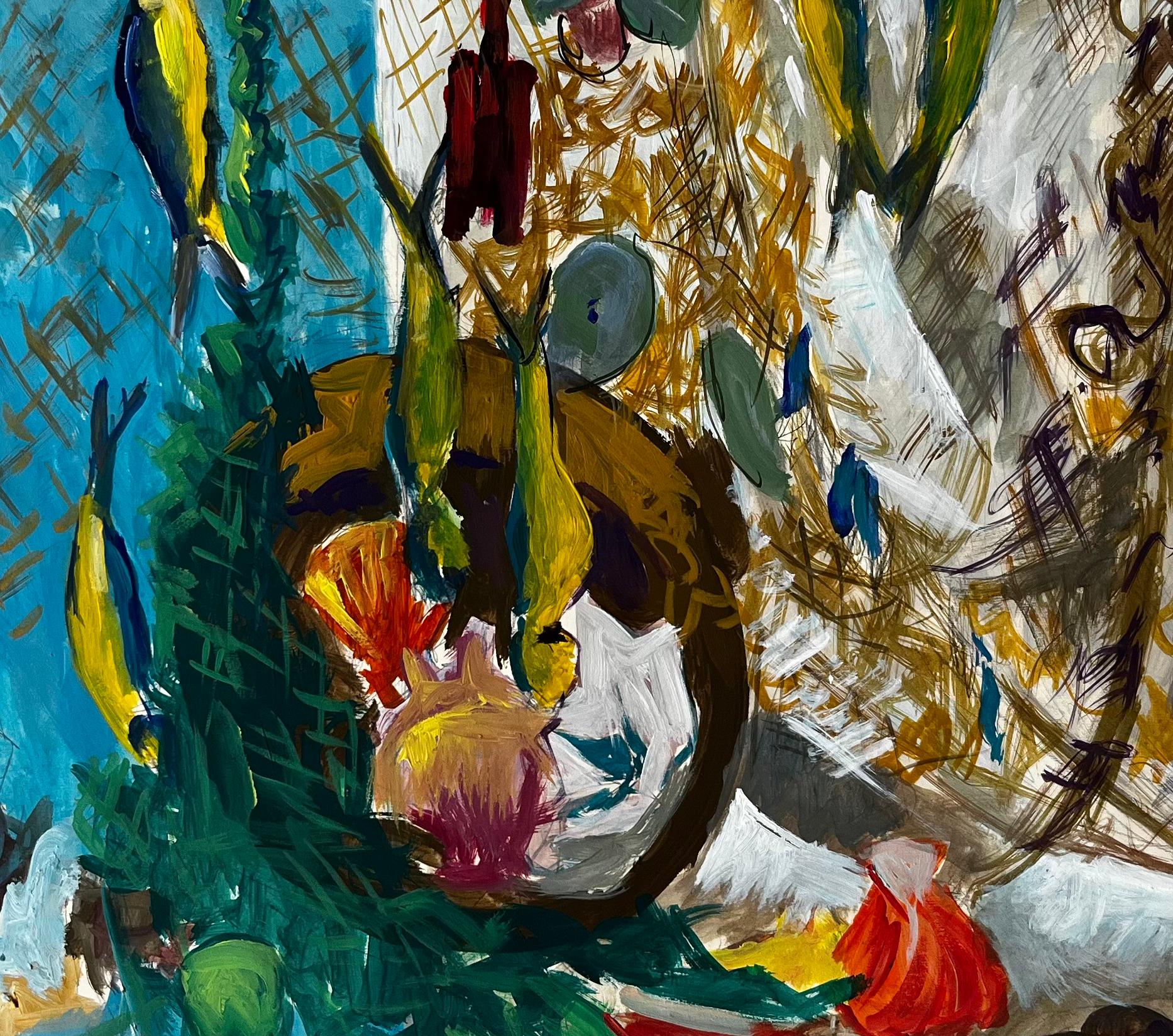 Still Life with Fish Shells and Fishing Net French Modernist Gouache For Sale 3