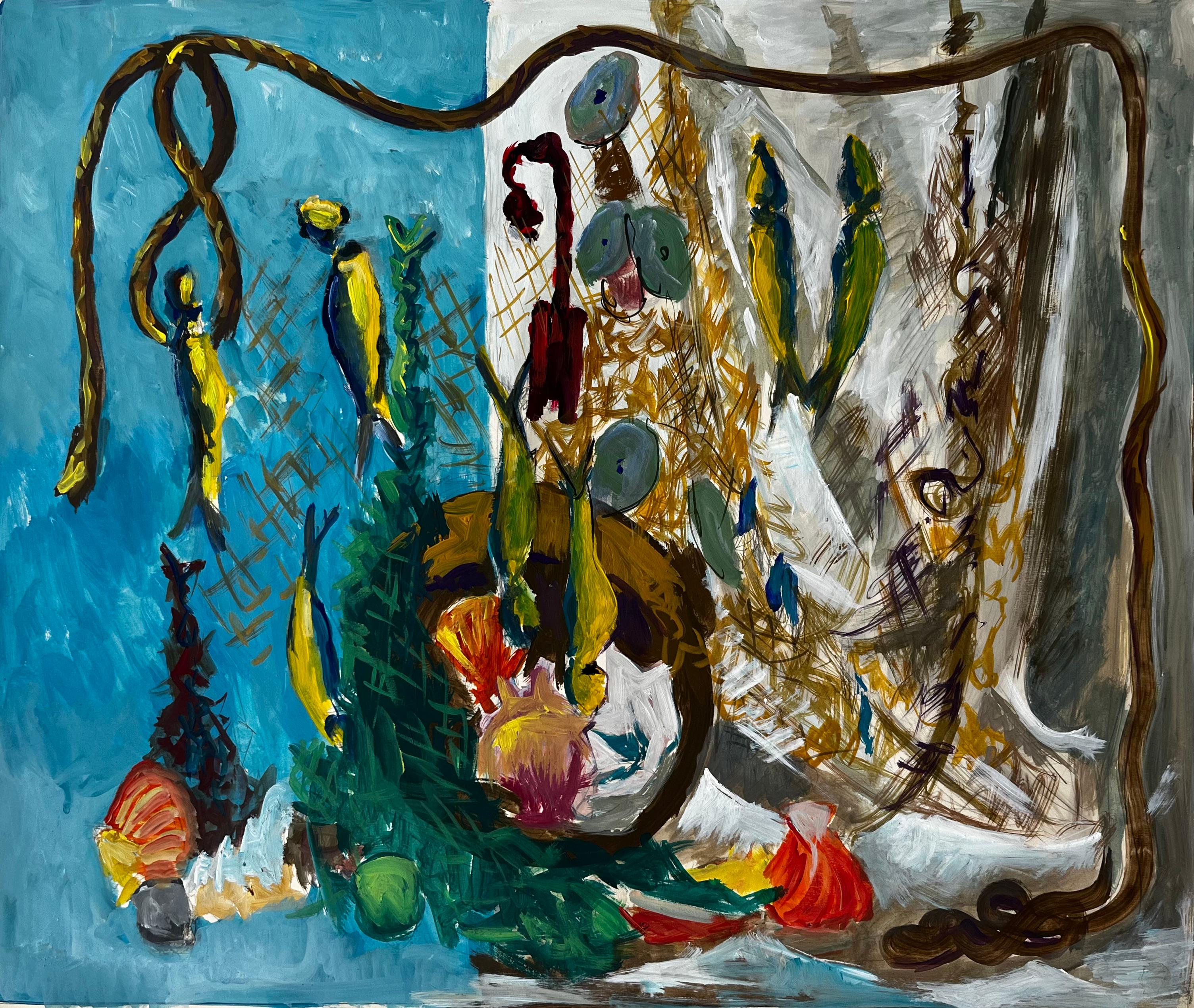 Guy Nicod Abstract Painting - Still Life with Fish Shells and Fishing Net French Modernist Gouache