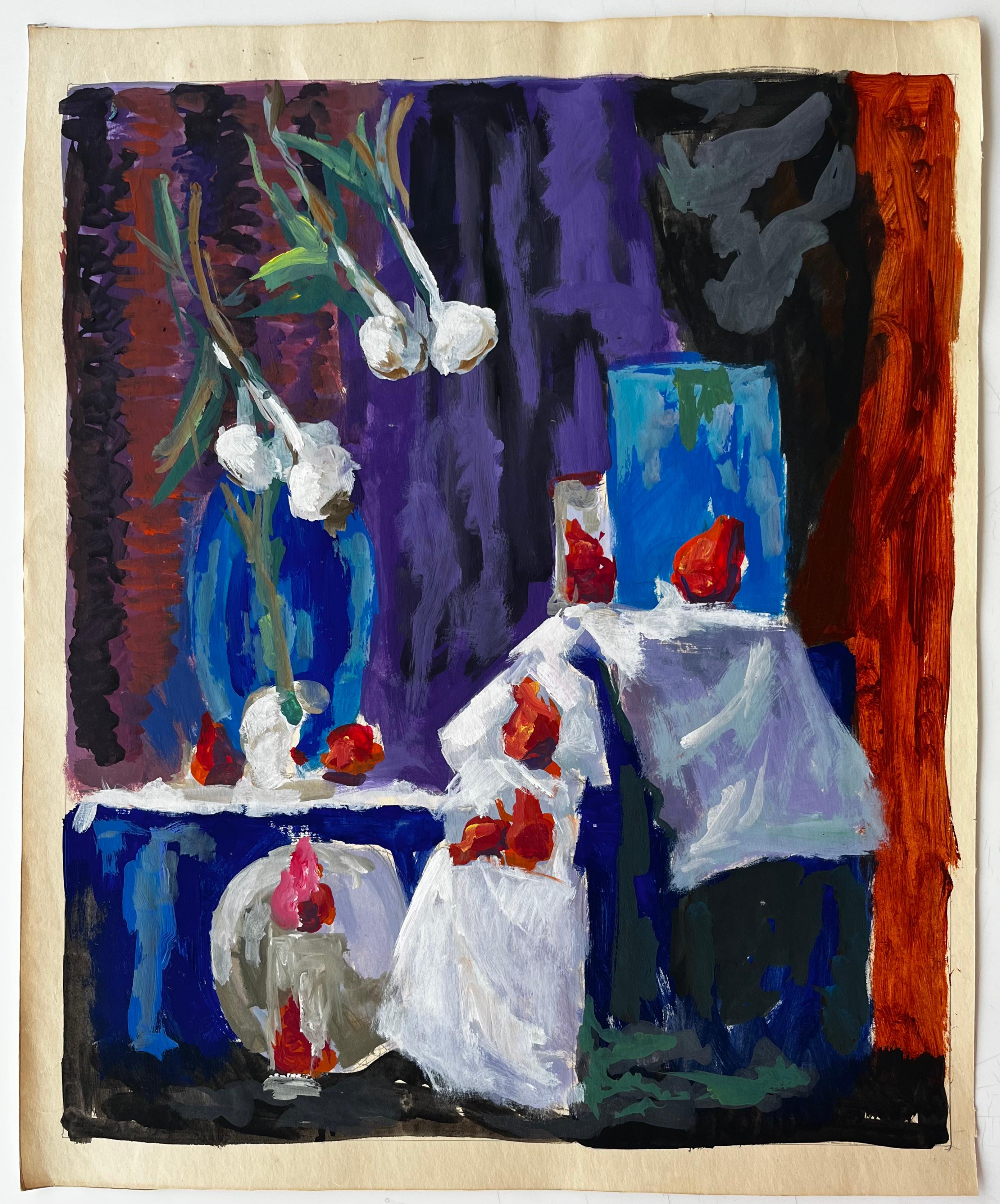 Nature morte aux fraises à l'ail et vase bleu Gouache moderniste française - Painting de Guy Nicod