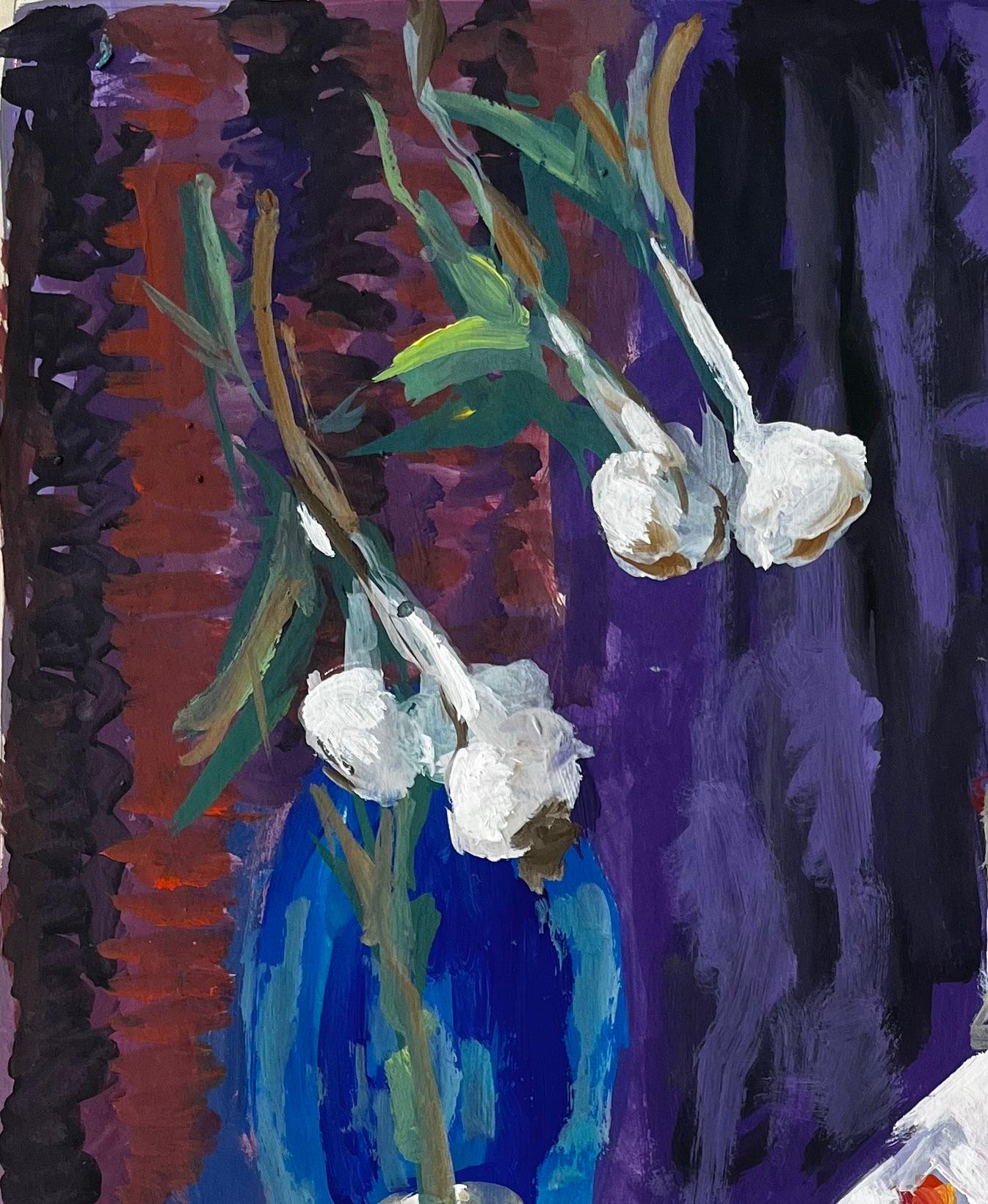 Nature morte aux fraises à l'ail et vase bleu Gouache moderniste française - Moderne Painting par Guy Nicod