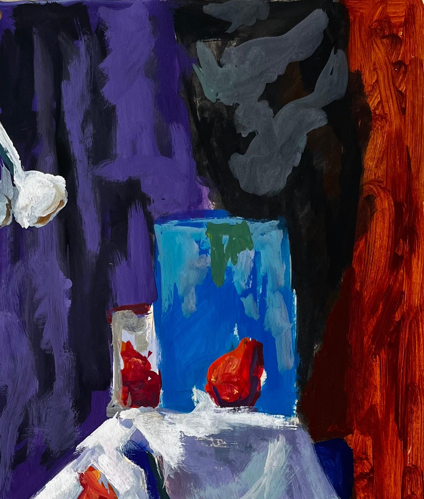 Nature morte aux fraises à l'ail et vase bleu Gouache moderniste française - Noir Abstract Painting par Guy Nicod