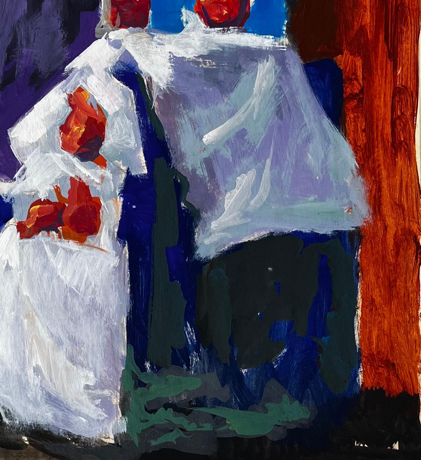 Titre : Nature morte aux fraises à l'ail et vase bleu Gouache moderniste française
Guy Nicod (français 1923 - 2021) 
Gouache sur papier d'artiste, non encadrée
Taille : 24 x 19.5 pouces (hauteur x largeur)
Provenance : Succession d'Artistics,