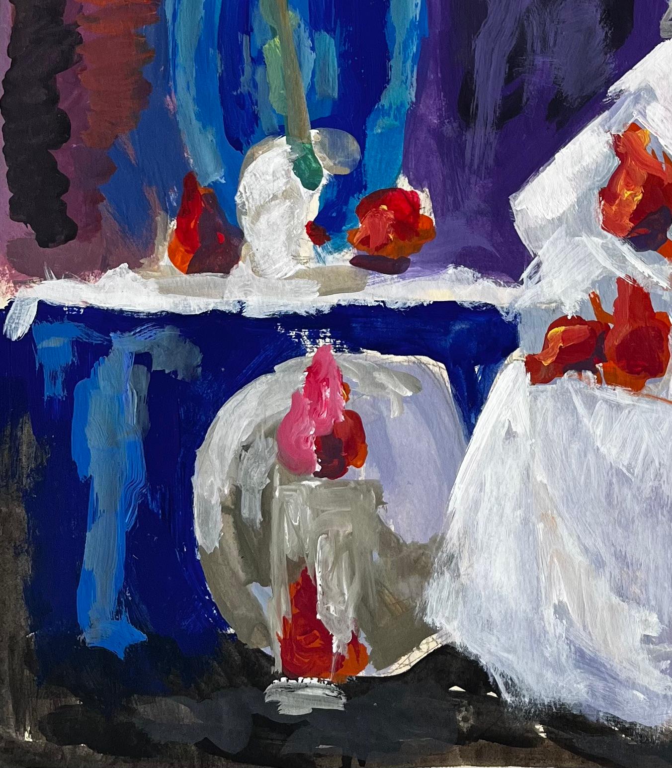 Nature morte aux fraises à l'ail et vase bleu Gouache moderniste française en vente 1