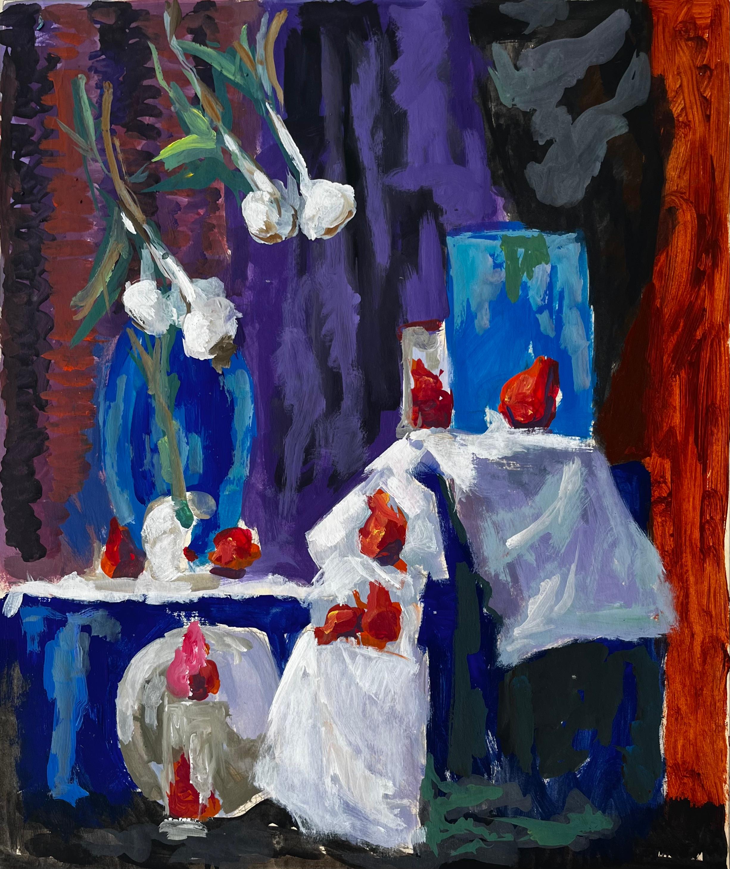 Nature morte aux fraises à l'ail et vase bleu Gouache moderniste française