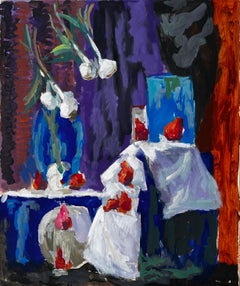 Still Life with Garlic Strawberries and Blue Vase French Modernist Gouache