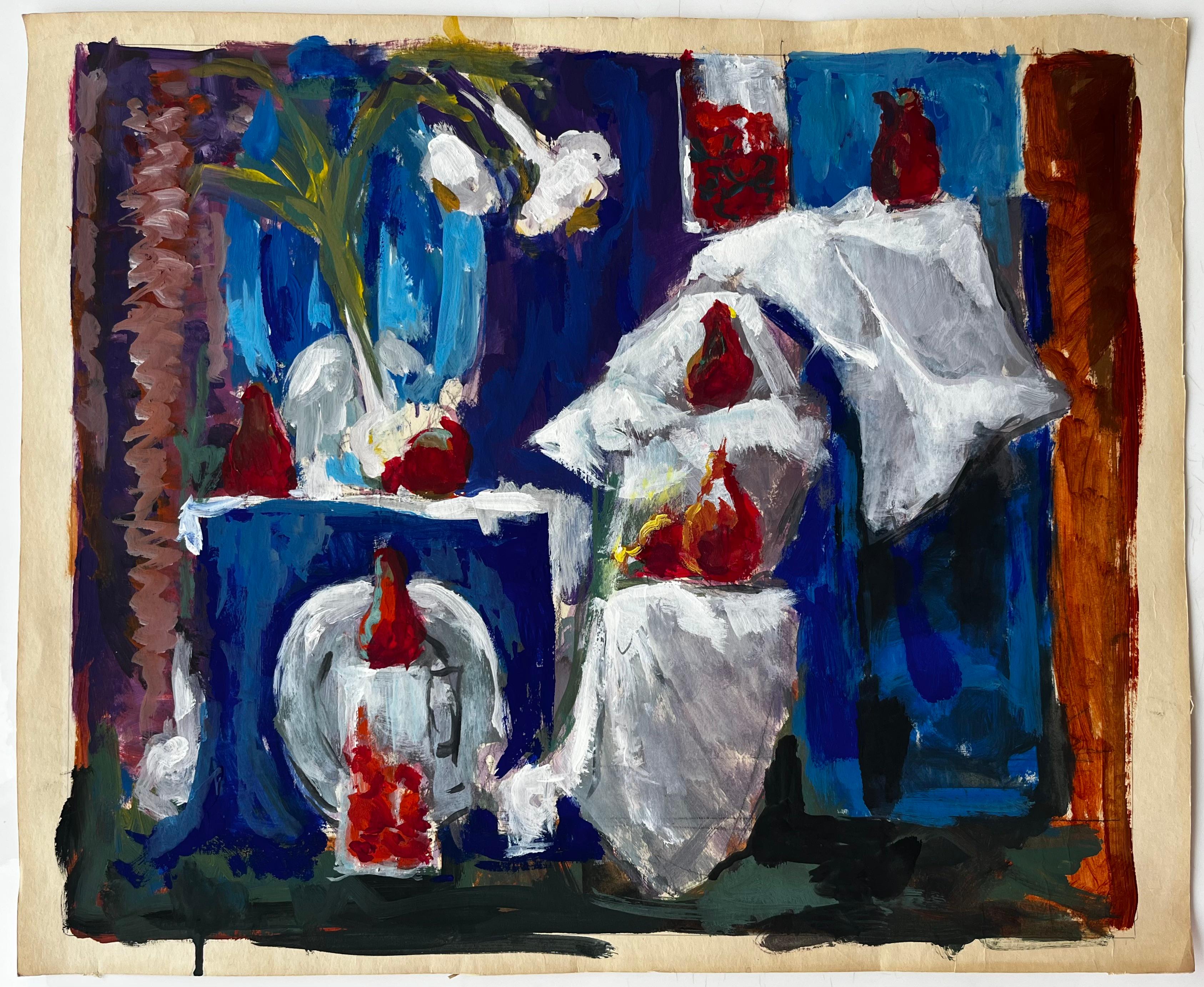Nature morte aux fraises à l'ail et aux rideaux blancs Gouache moderniste française - Painting de Guy Nicod