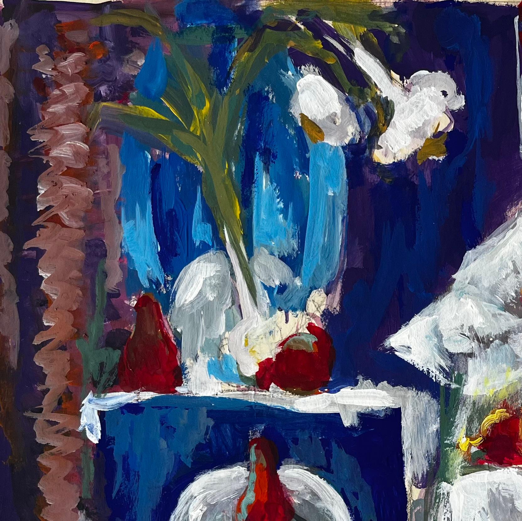 Nature morte aux fraises à l'ail et aux rideaux blancs Gouache moderniste française - Moderne Painting par Guy Nicod