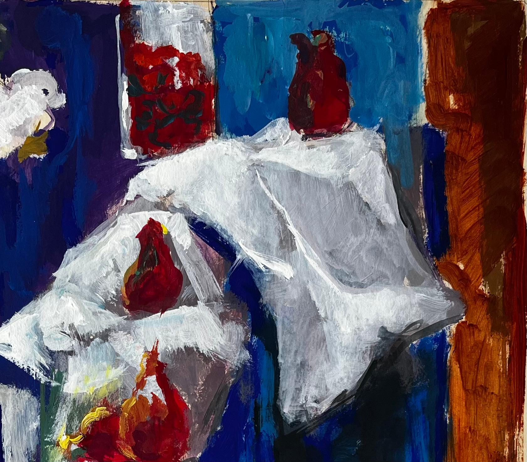 Nature morte aux fraises à l'ail et aux rideaux blancs Gouache moderniste française - Noir Abstract Painting par Guy Nicod