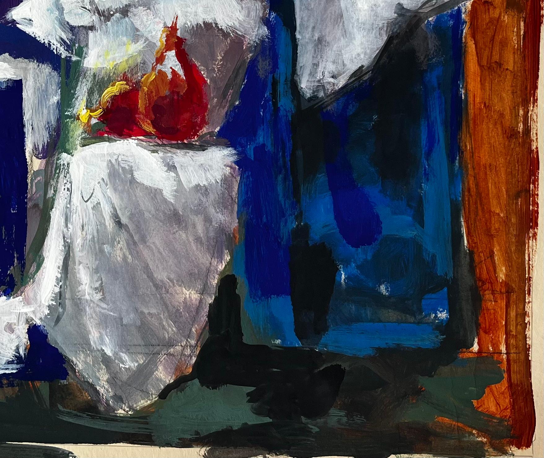 Titre : Nature morte aux fraises à l'ail et aux rideaux blancs Gouache moderniste française
Guy Nicod (français 1923 - 2021) 
Gouache sur papier d'artiste, non encadrée
Taille : 19.5 x 24 pouces (hauteur x largeur)
Provenance : Succession