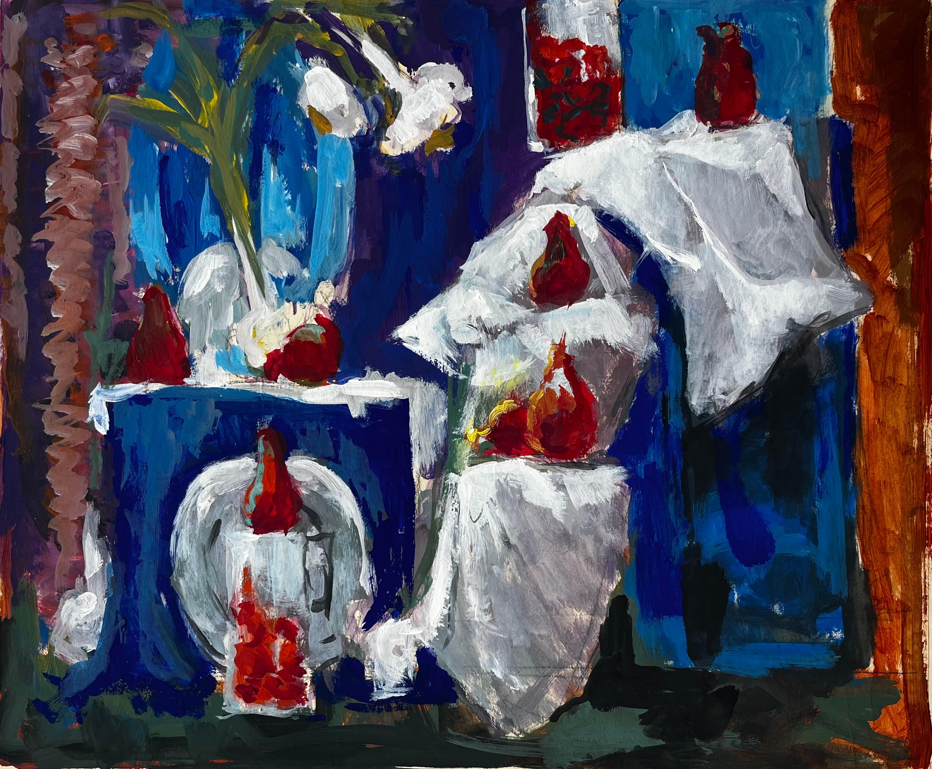 Nature morte aux fraises à l'ail et aux rideaux blancs Gouache moderniste française