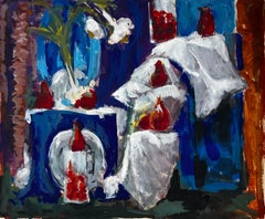 Still Life with Garlic Strawberries and White Drapes French Modernist Gouache