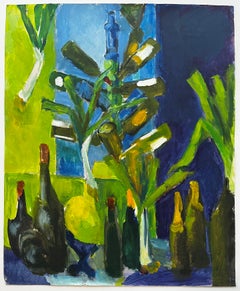Still Life with Green Bottles Leeks and Blue Interior Modernist Gouache