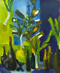 Still Life with Green Bottles Leeks and Blue Interior Modernist Gouache