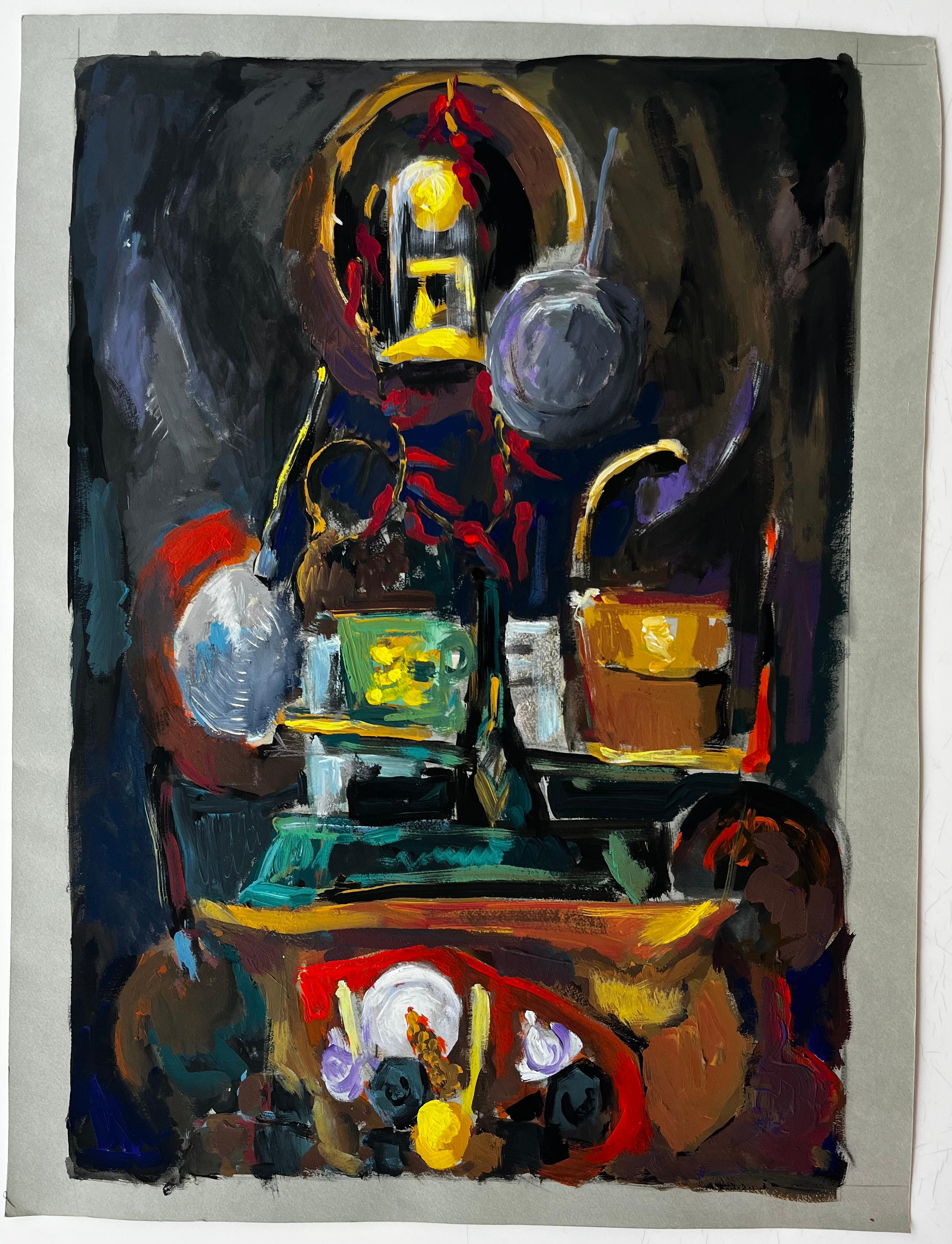 Nature morte aux lampadaires et aux fleurs Gouache moderniste française - Painting de Guy Nicod